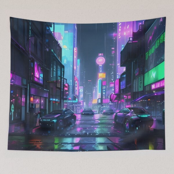 Item preview, Cyberpunk City Street at Night | Neon Futuristic Sci-Fi Artwork designed and sold by ArtscapeProductions.
