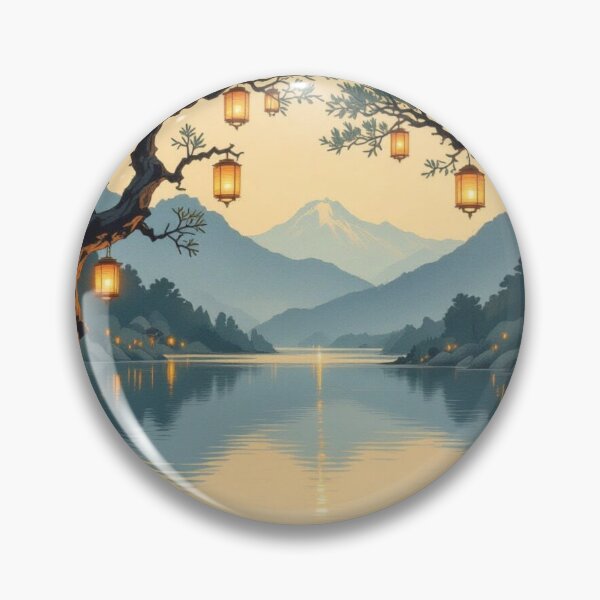 Item preview, Tranquil Japanese Lantern River Scene with Mountain View Art designed and sold by Uniquely Yours.