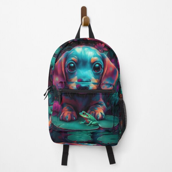 Item preview, Animal Cute Neon Puppy and Frog Gazing Playfully beside Glowing Lily Pond at Night designed and sold by Spraykart.