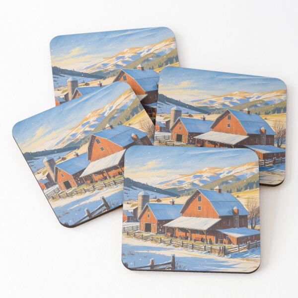Item preview, Rustic Red Barn Winter Farm Scene with Snowy Mountains Artwork designed and sold by Uniquely Yours.