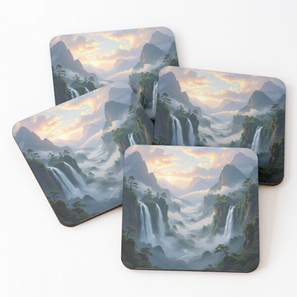 Item preview, Majestic Waterfalls in Misty Mountain Valley Fantasy Landscape Art designed and sold by Uniquely Yours.