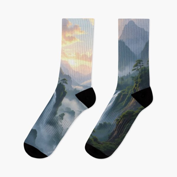 Item preview, Majestic Waterfalls in Misty Mountain Valley Fantasy Landscape Art designed and sold by Uniquely Yours.