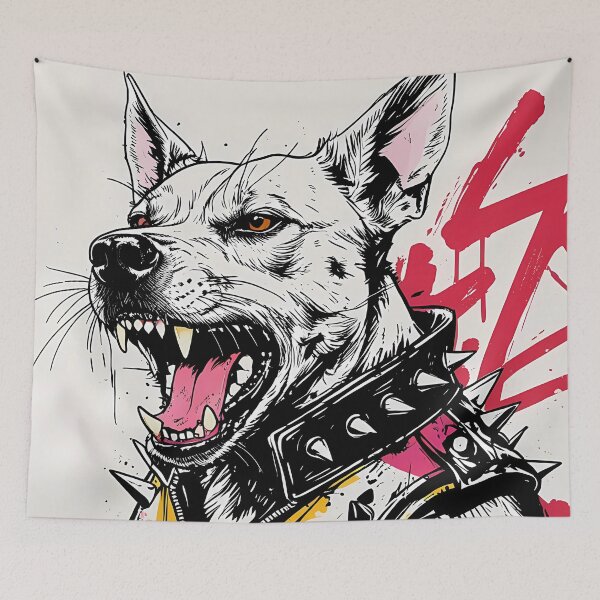 Item preview, Punk Dog Illustration – Snarling Canine in Spiked Vest with Graffiti Details designed and sold by Dino-Lune.