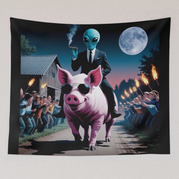 Item preview, Alien Riding Pig Funny Surreal Artwork designed and sold by OLOstudio.