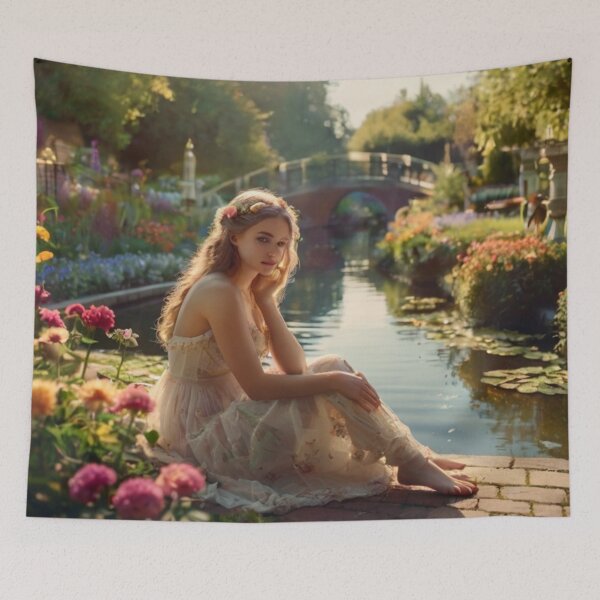 Aperçu de l'œuvre Victorian Woman in Bloom: Garden Flowers and Water Reflections créée et vendue par BlareBlare.