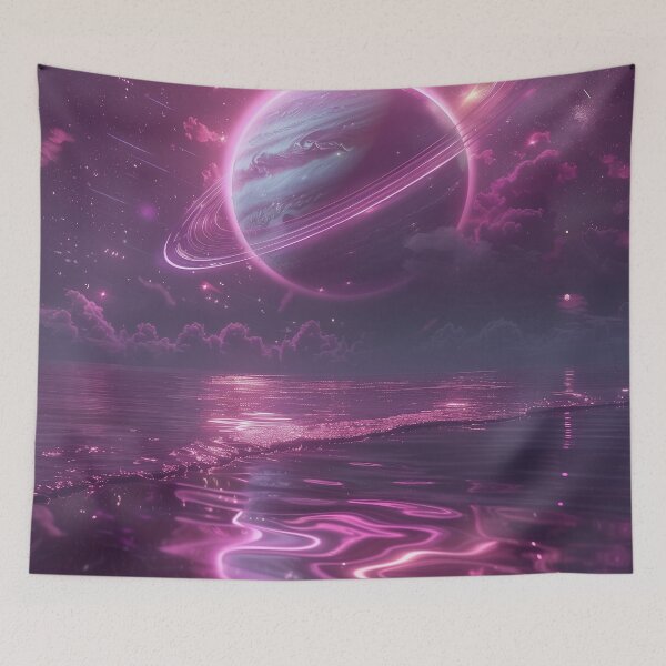 Item preview, Cosmic Overdrive – Neon Ringed Planet at the Shore designed and sold by ArgentoArt.