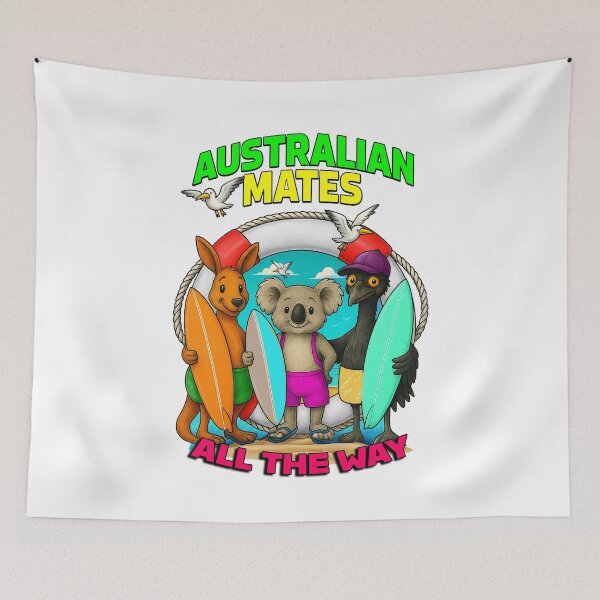 Item preview, Australian Mates Surfing – Koala, Kangaroo & Emu Beach Art by Australian Artist designed and sold by Michael van der Hoorn.