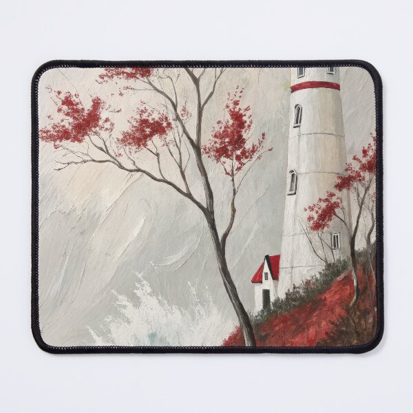 Item preview, Dramatic Lighthouse on Red Cliff with Autumn Foliage and Crashing Ocean Waves Painting. designed and sold by RGShirtWorks.