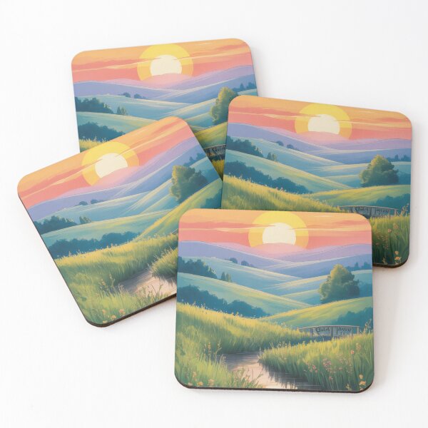 Item preview, Dreamy Sunset Over Grassy Hills and Tranquil Stream Landscape Illustration. designed and sold by RGShirtWorks.