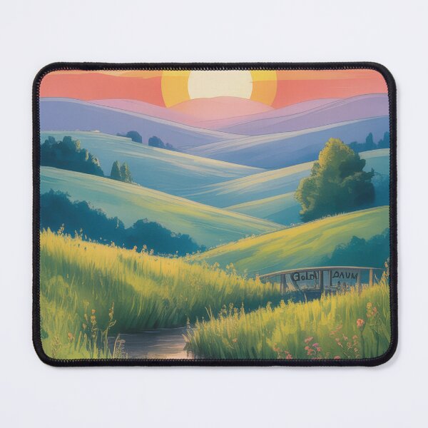 Item preview, Dreamy Sunset Over Grassy Hills and Tranquil Stream Landscape Illustration. designed and sold by RGShirtWorks.