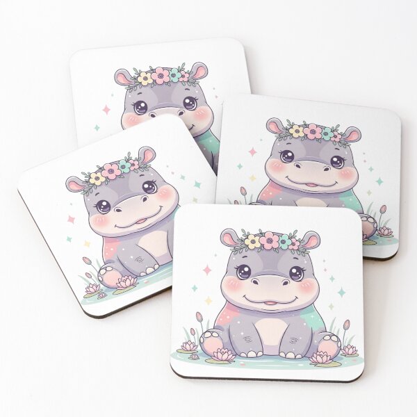 Item preview, Cute Kawaii Pastel Pygmy Hippo With Flowers, Water Lilies & Sparkles designed and sold by Tiny Zoom.