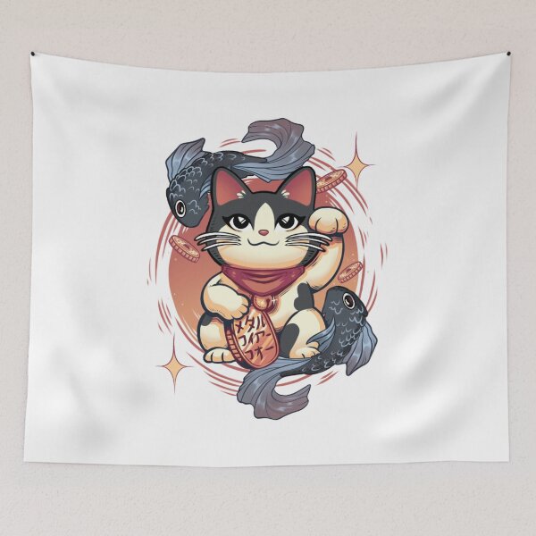 Item preview, Lucky Maneki Neko Cat with Koi Fish – Japanese Fortune Cat Design designed and sold by MetalMerch.
