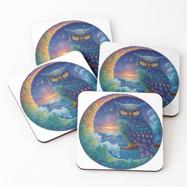 Item preview, Celestial Owl – Surreal Ocean Sunset and Cosmic Night Sky Art designed and sold by Melody Splash.