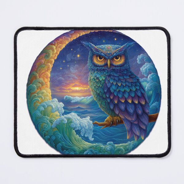 Item preview, Celestial Owl – Surreal Ocean Sunset and Cosmic Night Sky Art designed and sold by Melody Splash.