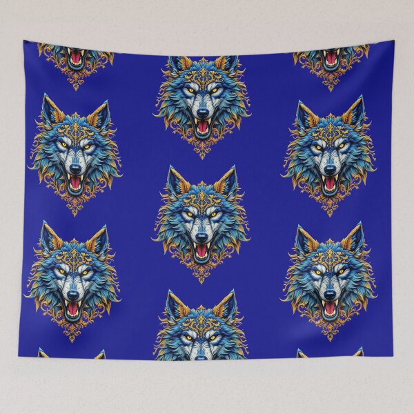 Item preview, Fierce Wolf Head PNG, Blue and Gold Ornate Wolf Print, Wolf Enamel Pin Design, Digital Sublimation Art, Norse Mythology Animal Print designed and sold by TheGaliyaStudio.