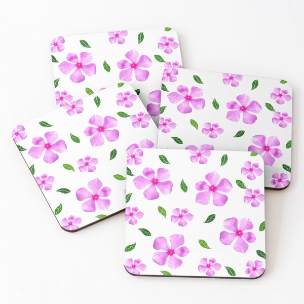 Item preview, pink flowers and green leaves pattern of Catharanthus roseus,  (vector illustration flowers) designed and sold by MiMee4451.