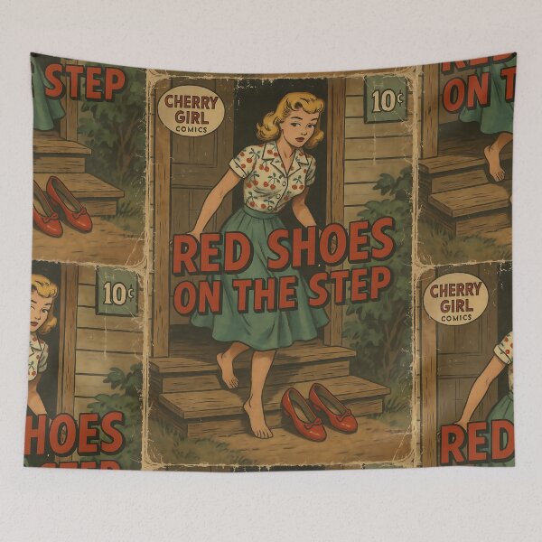 Item preview, Nostalgic Cherry Girl: Red shoes on the step designed and sold by bapupa.