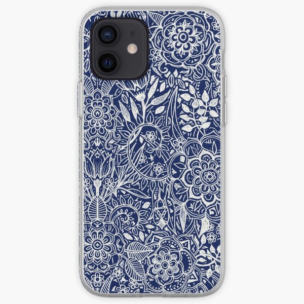 Detailed Floral Pattern in White on Navy iPhone Soft Case