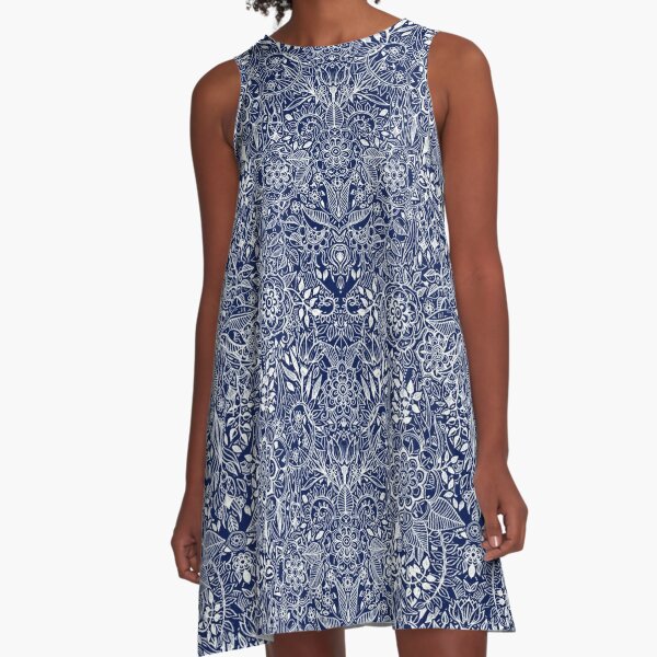 Detailed Floral Pattern in White on Navy A-Line Dress