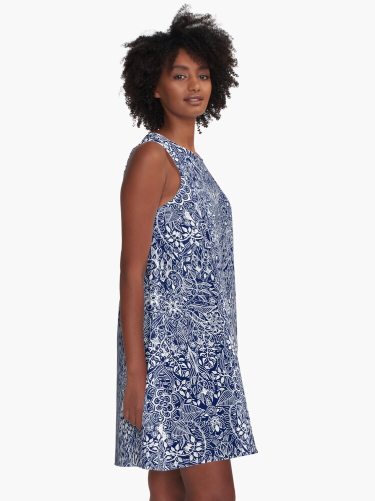 Alternate view of Detailed Floral Pattern in White on Navy A-Line Dress
