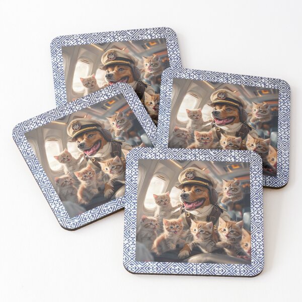 Item preview, Fly High with Heart – Captain Dog & Five Cats in Plane with Indigo Tribal Pattern designed and sold by PimTribe.