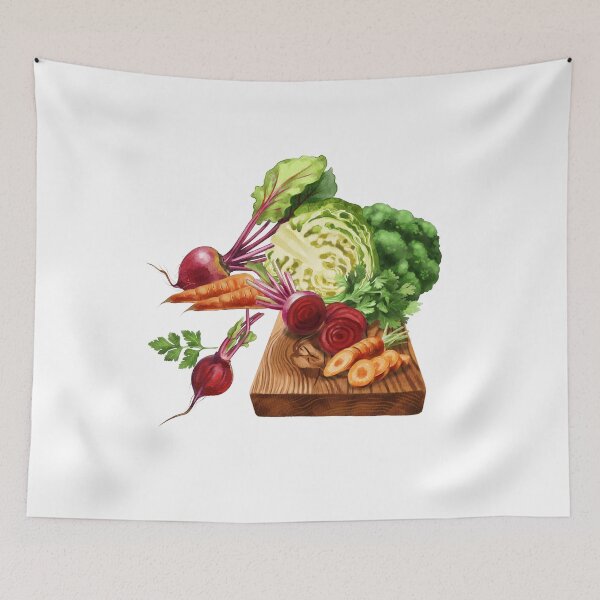 Item preview, Fresh vegetables on a wooden cutting board showcasing colorful produce including radish, carrots, and cabbage designed and sold by Ms. Iryna.
