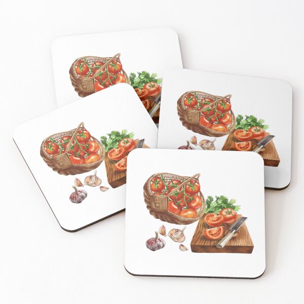 Item preview, Fresh tomatoes and herbs arranged for cooking on a wooden cutting board with garlic in a basket ready for meal preparation designed and sold by Ms. Iryna.