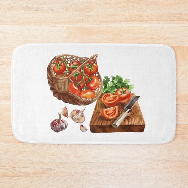 Item preview, Fresh tomatoes and herbs arranged for cooking on a wooden cutting board with garlic in a basket ready for meal preparation designed and sold by Ms. Iryna.