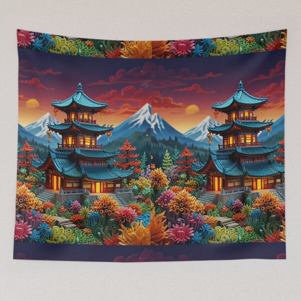 Aperçu de l'œuvre Dragon autour d'un temple de montagne – Œuvre d'art fantastique ultra-détaillée façon quilling créée et vendue par ColorSplash123.