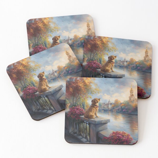 Item preview, Cute Labrador Dog Sitting on a Wall by a Large River – Whimsical Pet Art designed and sold by baggycatsworld.