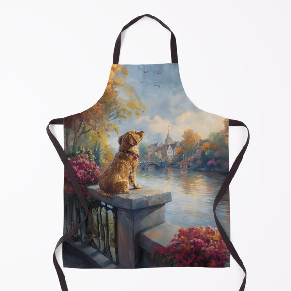 Item preview, Cute Labrador Dog Sitting on a Wall by a Large River – Whimsical Pet Art designed and sold by baggycatsworld.