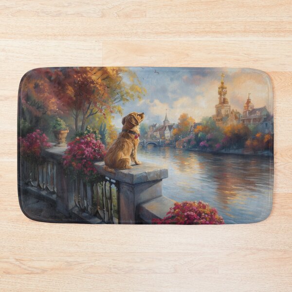 Item preview, Cute Labrador Dog Sitting on a Wall by a Large River – Whimsical Pet Art designed and sold by baggycatsworld.
