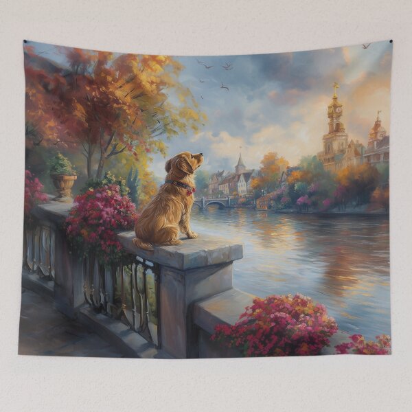Item preview, Cute Labrador Dog Sitting on a Wall by a Large River – Whimsical Pet Art designed and sold by baggycatsworld.