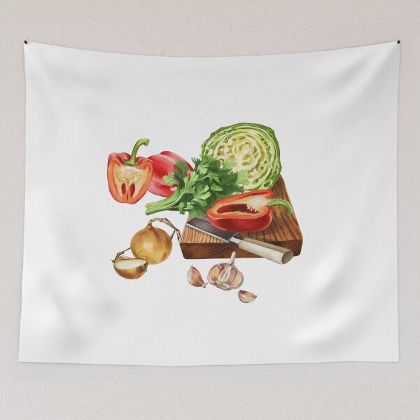 Item preview, Fresh vegetables and herbs arranged on a wooden cutting board ready for meal preparation in a kitchen setting designed and sold by Ms. Iryna.