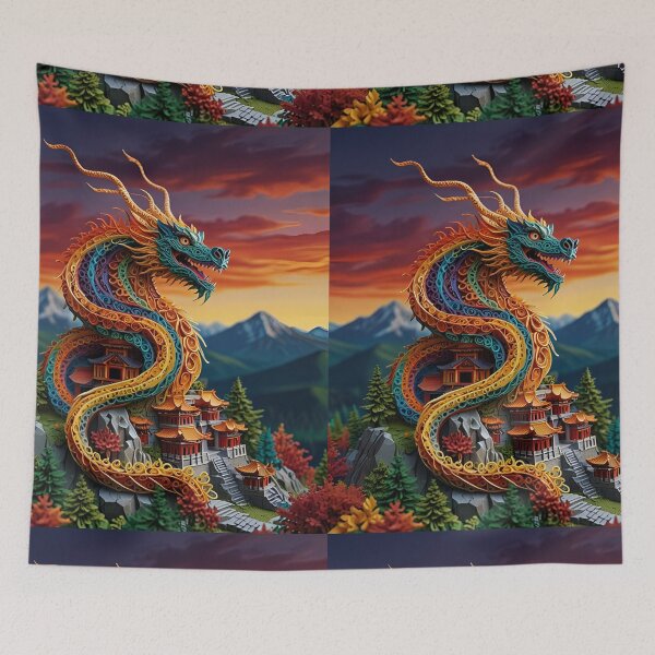 Aperçu de l'œuvre Dragon autour d'un temple de montagne – Œuvre d'art fantastique ultra-détaillée façon quilling créée et vendue par ColorSplash123.