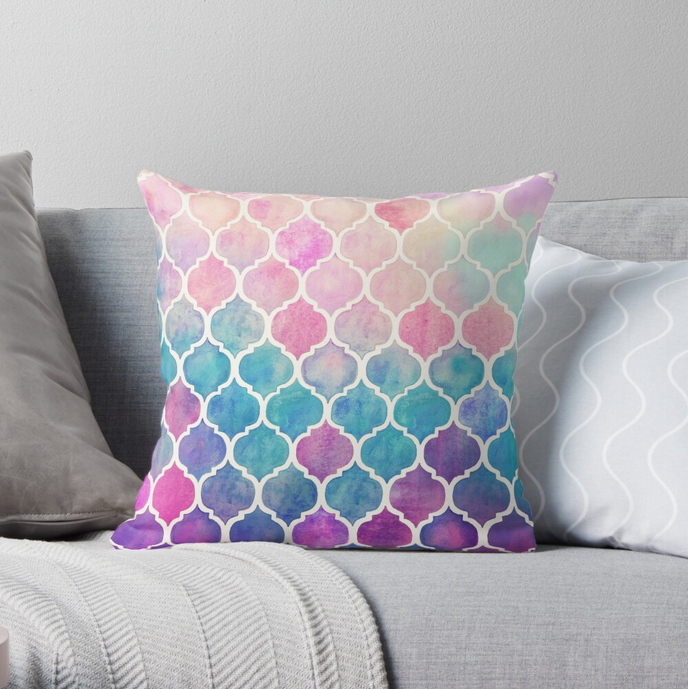 Rainbow Pastel Watercolor Moroccan Pattern Throw Pillow
