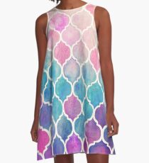Rainbow Pastel Watercolor Moroccan Pattern A-Line Dress