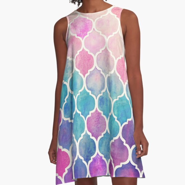 Rainbow Pastel Watercolor Moroccan Pattern A-Line Dress