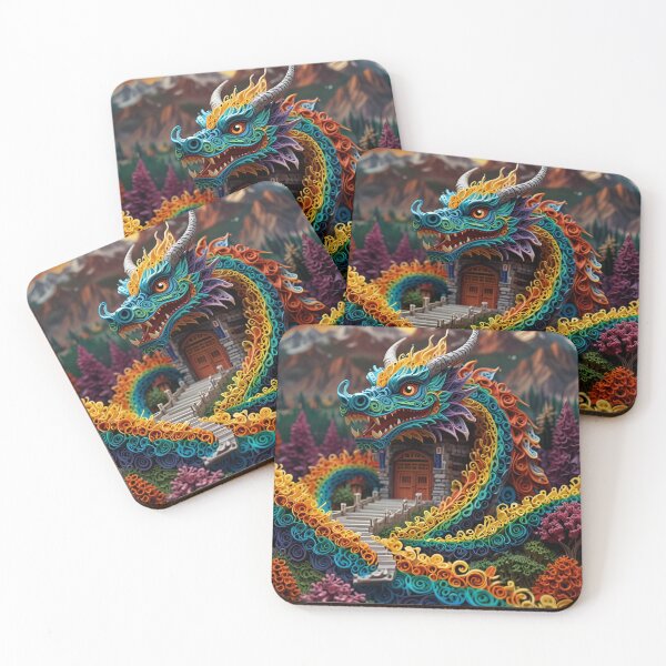 Item preview, Dragon Around Mountain Temple – Ultra-Detailed Paper Quilling Style Fantasy Artwork designed and sold by ColorSplash123.