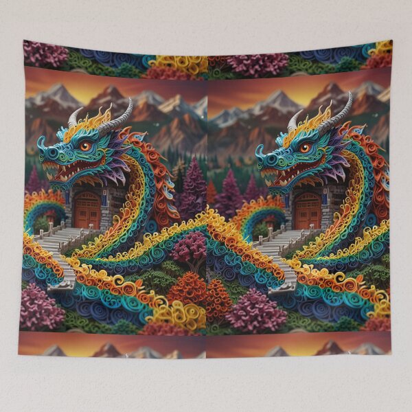Aperçu de l'œuvre Dragon autour d'un temple de montagne – Œuvre d'art fantastique ultra-détaillée façon quilling créée et vendue par ColorSplash123.