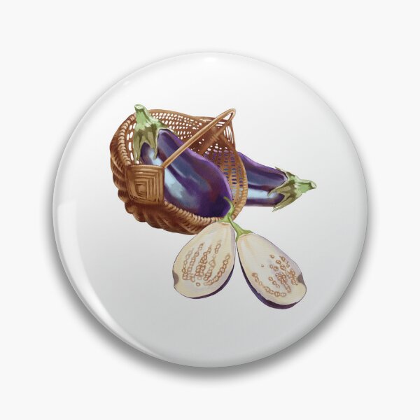 Item preview, Freshly harvested eggplants in a woven basket beside a halved eggplant, showcasing vibrant color and texture in a farm setting designed and sold by Ms. Iryna.