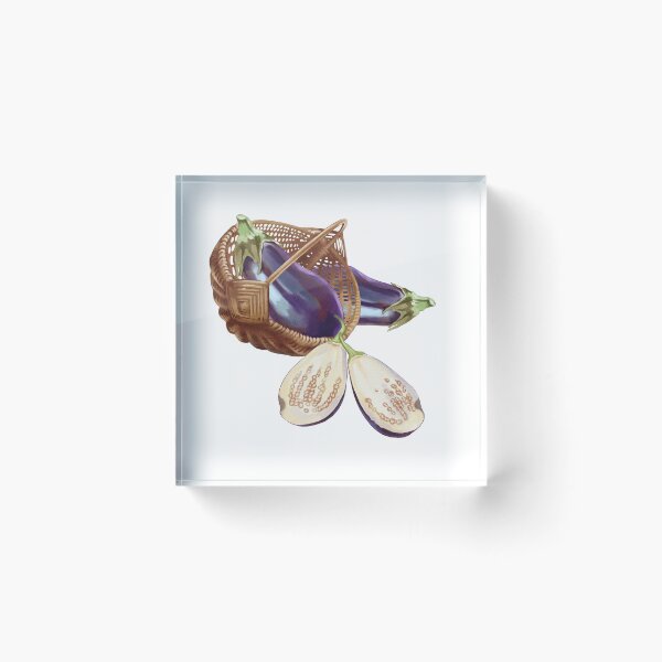 Item preview, Freshly harvested eggplants in a woven basket beside a halved eggplant, showcasing vibrant color and texture in a farm setting designed and sold by Ms. Iryna.