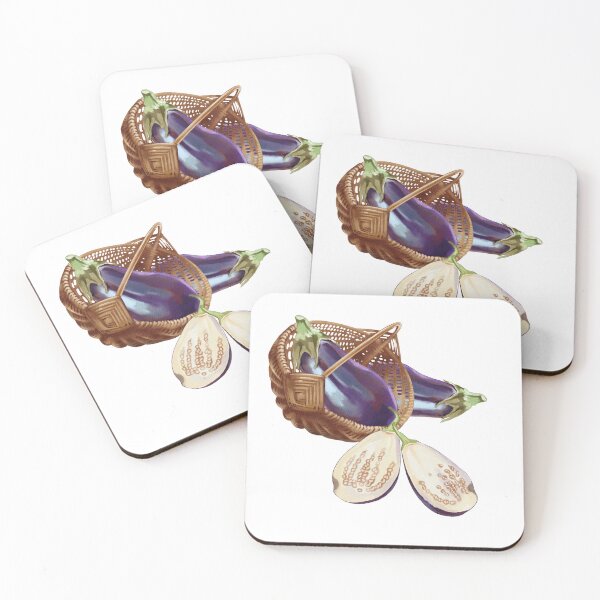 Item preview, Freshly harvested eggplants in a woven basket beside a halved eggplant, showcasing vibrant color and texture in a farm setting designed and sold by Ms. Iryna.