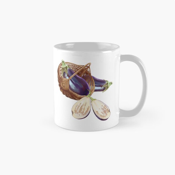 Item preview, Freshly harvested eggplants in a woven basket beside a halved eggplant, showcasing vibrant color and texture in a farm setting designed and sold by Ms. Iryna.