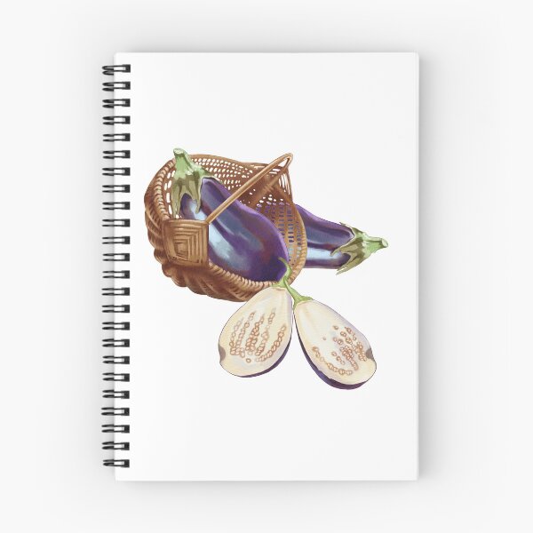 Item preview, Freshly harvested eggplants in a woven basket beside a halved eggplant, showcasing vibrant color and texture in a farm setting designed and sold by Ms. Iryna.