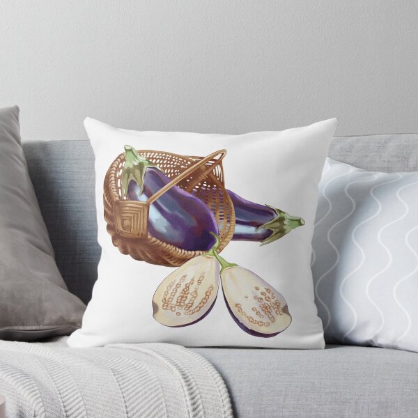 Item preview, Freshly harvested eggplants in a woven basket beside a halved eggplant, showcasing vibrant color and texture in a farm setting designed and sold by Ms. Iryna.