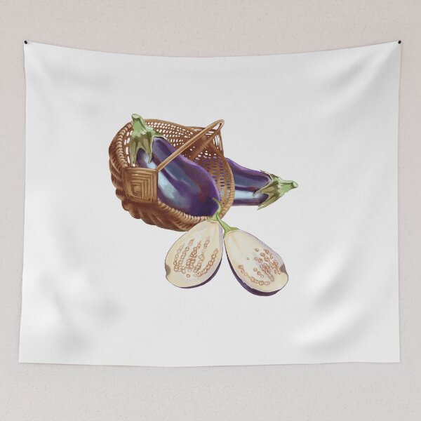 Item preview, Freshly harvested eggplants in a woven basket beside a halved eggplant, showcasing vibrant color and texture in a farm setting designed and sold by Ms. Iryna.