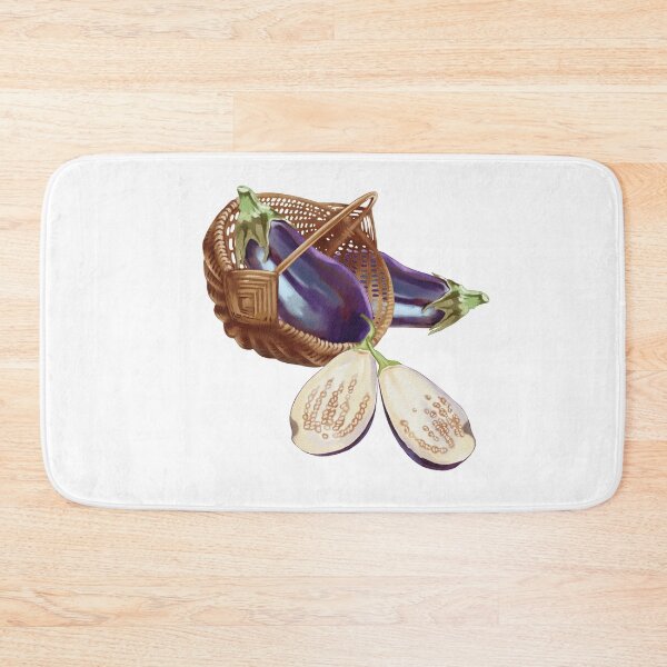 Item preview, Freshly harvested eggplants in a woven basket beside a halved eggplant, showcasing vibrant color and texture in a farm setting designed and sold by Ms. Iryna.