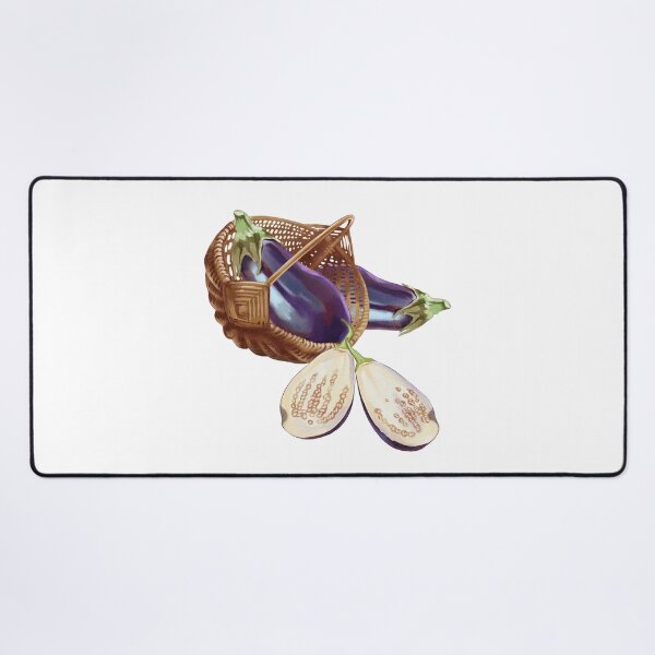 Item preview, Freshly harvested eggplants in a woven basket beside a halved eggplant, showcasing vibrant color and texture in a farm setting designed and sold by Ms. Iryna.