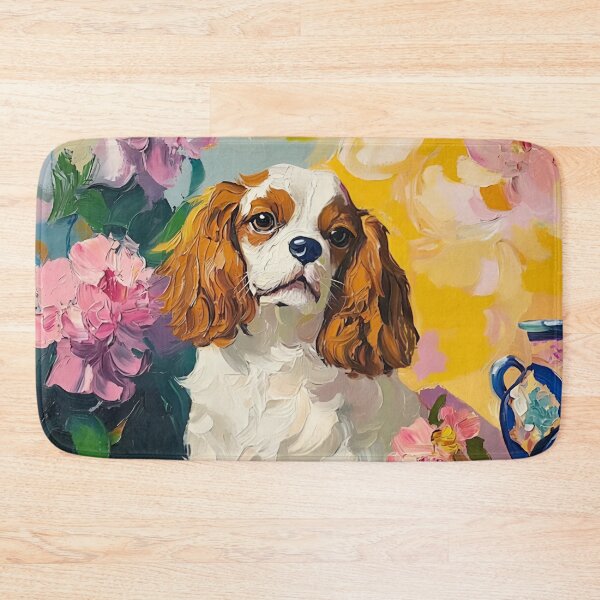 Item preview, Preppy Cavalier King Charles Spaniel portrait with ginger jar and hydrangeas designed and sold by SophieClimaArt.